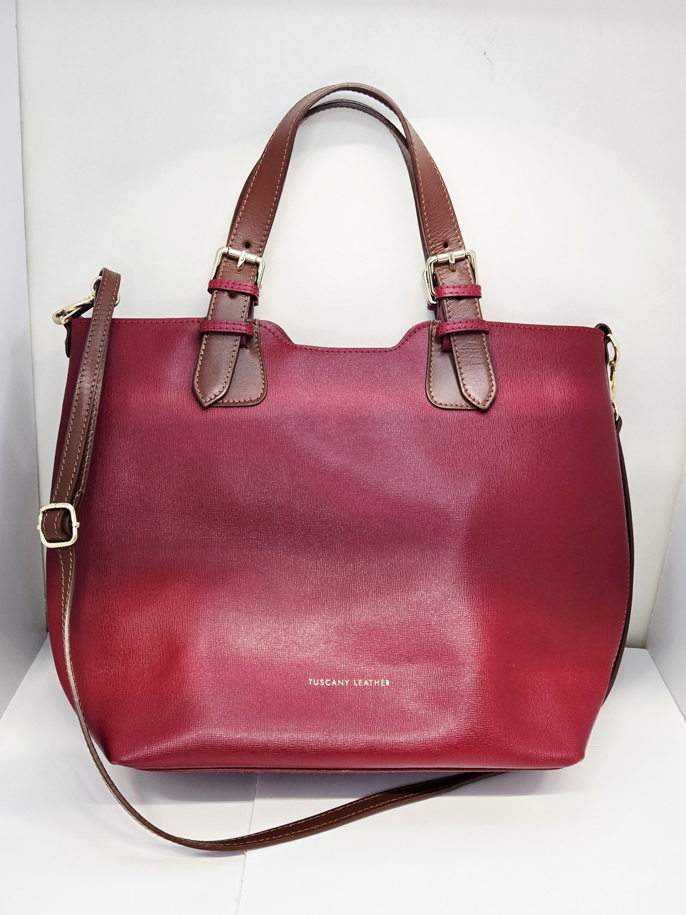 Tuscany Leather Burgundy Leather Tote with Brown Handles